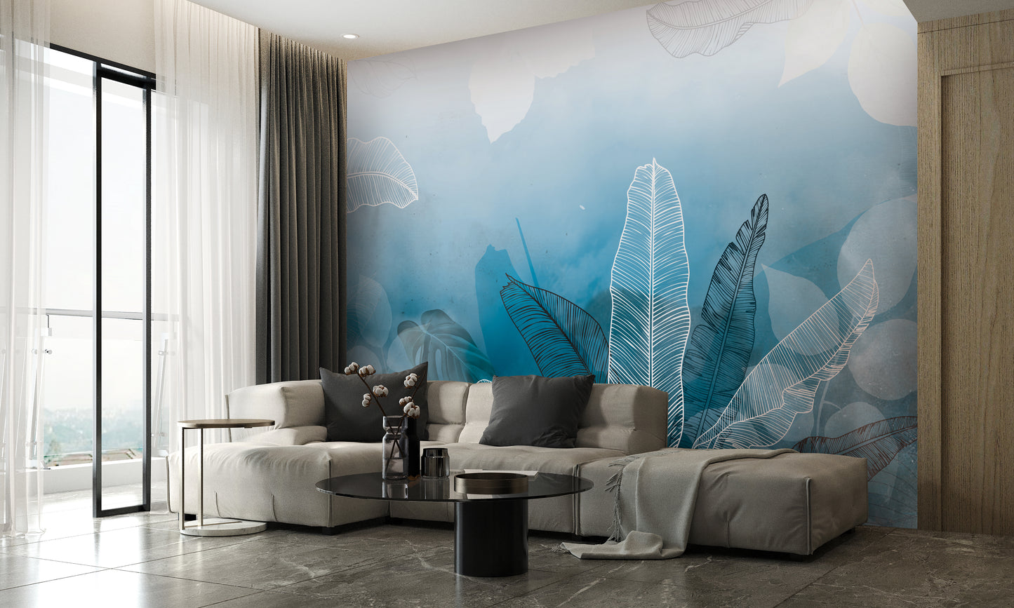 An architectural perspective of a minimalist office lounge featuring the Tropical Abstract Mural in Aqua Blue as a full-scale feature wall. The mural’s vibrant yet soothing cool tones pair strikingly with vertical wood paneling and sleek mid-century furniture, creating a peaceful and cultured interior sanctuary.