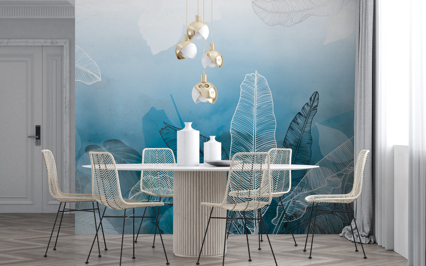 An architectural perspective of a minimalist office lounge featuring the Tropical Abstract Mural in Aqua Blue as a full-scale feature wall. The mural’s vibrant yet soothing cool tones pair strikingly with vertical wood paneling and sleek mid-century furniture, creating a peaceful and cultured interior sanctuary.