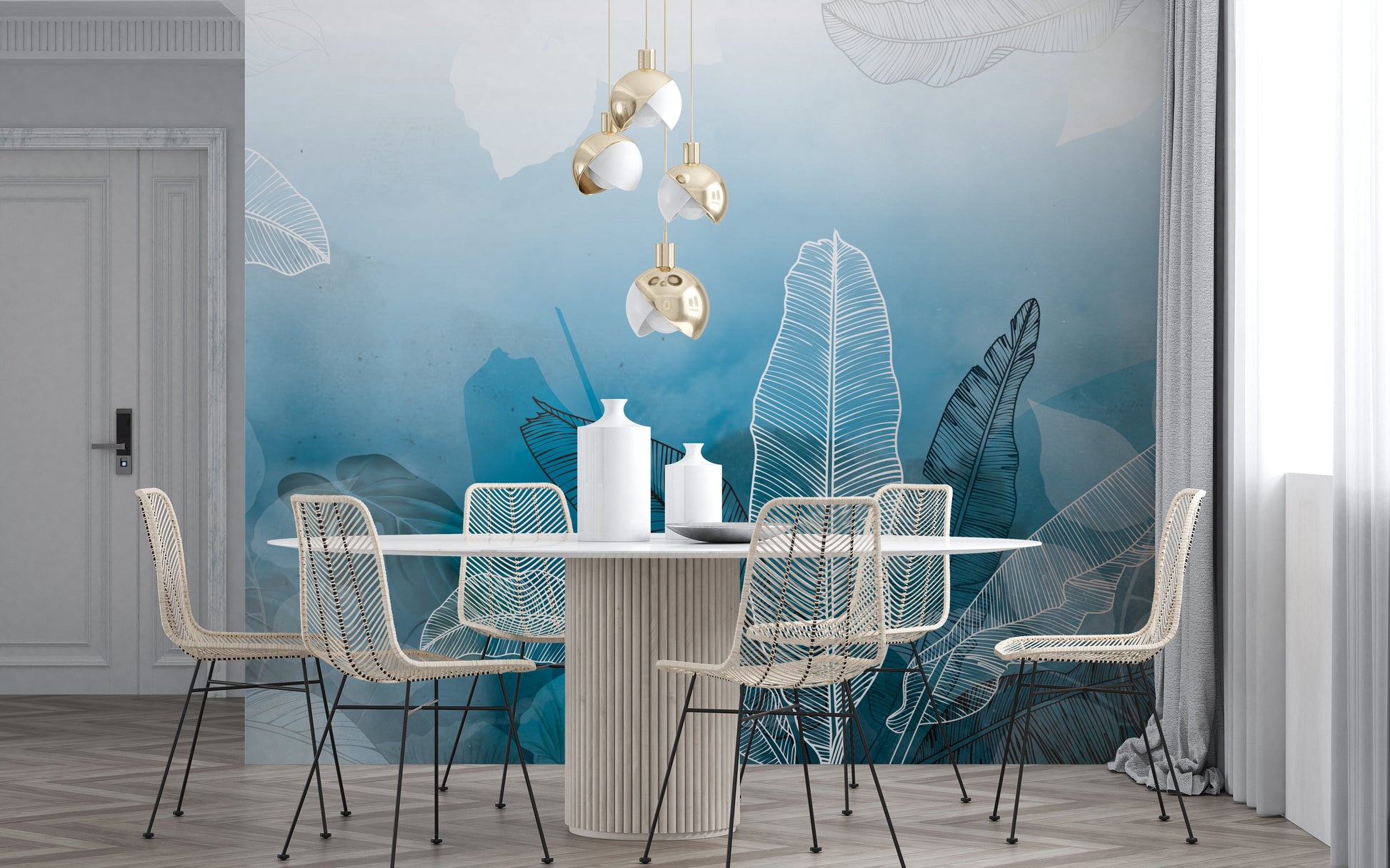 An architectural perspective of a minimalist office lounge featuring the Tropical Abstract Mural in Aqua Blue as a full-scale feature wall. The mural’s vibrant yet soothing cool tones pair strikingly with vertical wood paneling and sleek mid-century furniture, creating a peaceful and cultured interior sanctuary.