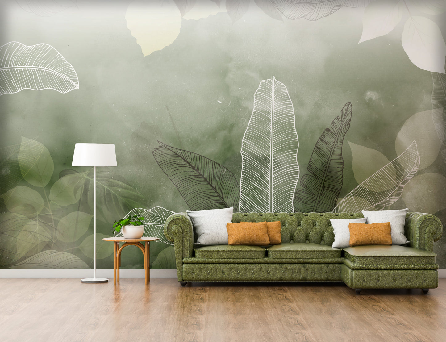 An architectural perspective of a minimalist office lounge featuring the Tropical Abstract Mural in Camouflage Green as a full-scale feature wall. The mural’s deep, earthy tones pair strikingly with vertical wood paneling and sleek mid-century furniture, creating a peaceful and cultured interior sanctuary.