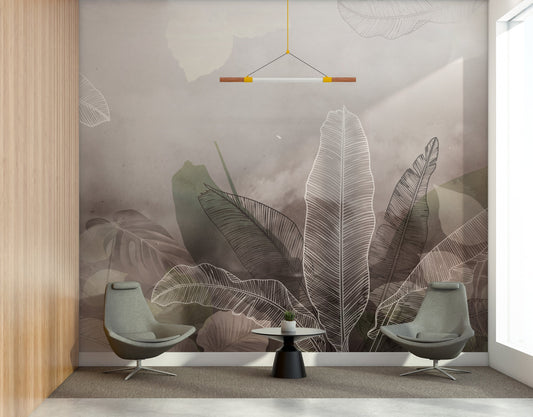 An architectural perspective of a minimalist office lounge featuring the Tropical Abstract Mural as a full-scale feature wall. The mural’s soft, muted tones pair strikingy with vertical wood paneling and sleek mid-century furniture, creating a peaceful and cultured interior sanctuary.