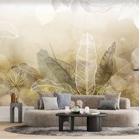 An architectural perspective of a minimalist office lounge featuring the Tropical Abstract Mural in Sisal as a full-scale feature wall. The mural’s warm, natural tones pair strikingly with vertical wood paneling and sleek mid-century furniture, creating a peaceful and cultured interior sanctuary.