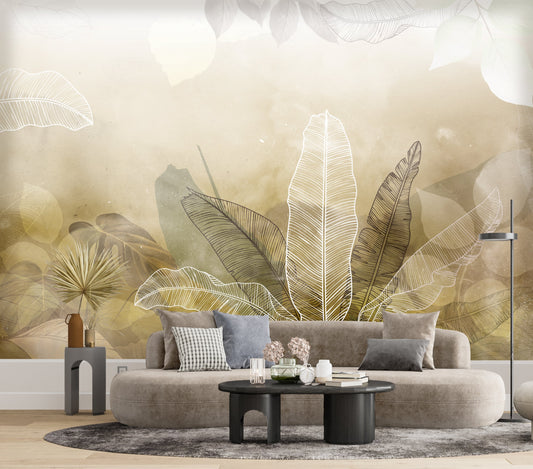 An architectural perspective of a minimalist office lounge featuring the Tropical Abstract Mural in Sisal as a full-scale feature wall. The mural’s warm, natural tones pair strikingly with vertical wood paneling and sleek mid-century furniture, creating a peaceful and cultured interior sanctuary.