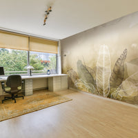 An architectural perspective of a minimalist office lounge featuring the Tropical Abstract Mural in Sisal as a full-scale feature wall. The mural’s warm, natural tones pair strikingly with vertical wood paneling and sleek mid-century furniture, creating a peaceful and cultured interior sanctuary.