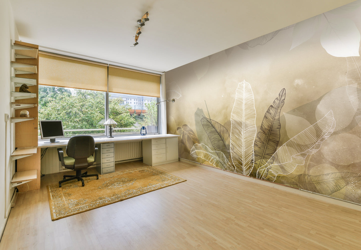 An architectural perspective of a minimalist office lounge featuring the Tropical Abstract Mural in Sisal as a full-scale feature wall. The mural’s warm, natural tones pair strikingly with vertical wood paneling and sleek mid-century furniture, creating a peaceful and cultured interior sanctuary.