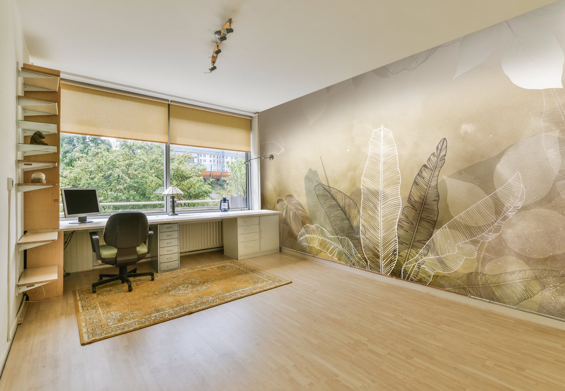An architectural perspective of a minimalist office lounge featuring the Tropical Abstract Mural in Sisal as a full-scale feature wall. The mural’s warm, natural tones pair strikingly with vertical wood paneling and sleek mid-century furniture, creating a peaceful and cultured interior sanctuary.