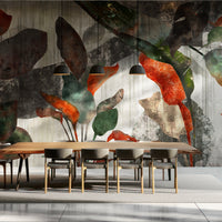 An architectural perspective of a modern industrial dining room featuring the Tropical Echoes Mural in Smoky Umber as a full-scale feature wall. The mural’s raw, textured appearance pairs perfectly with minimalist black pendant lighting, a natural wood harvest table, and large floor-to-ceiling windows.