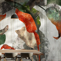 A high-resolution detail of the Tropical Echoes Foliage Wallpaper, highlighting the raw, distressed textures and painterly layering of the oversized leaves. The image showcases the dramatic contrast between the burnt orange and deep teal leaf tones against a weathered, concrete-effect background.