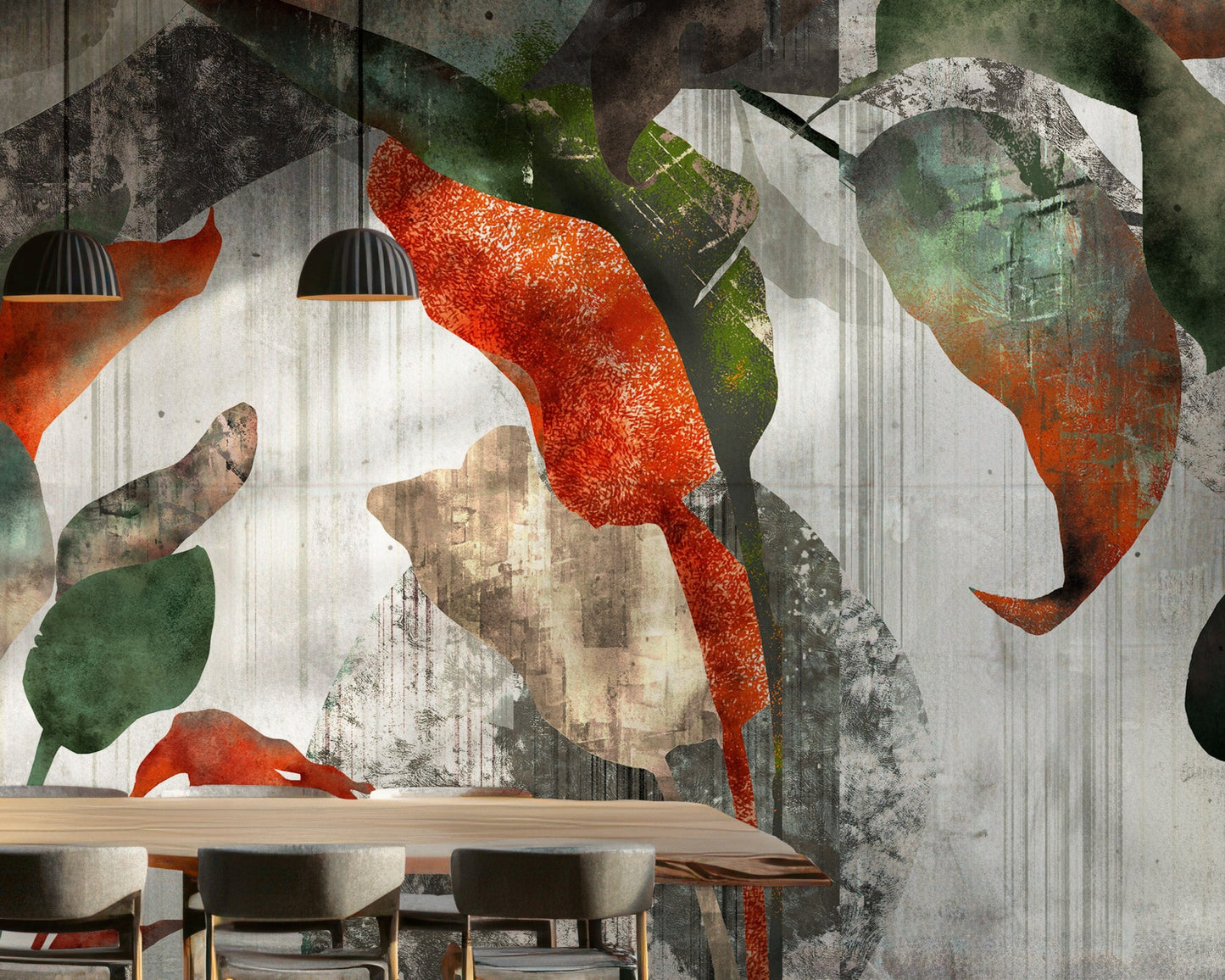 A high-resolution detail of the Tropical Echoes Foliage Wallpaper, highlighting the raw, distressed textures and painterly layering of the oversized leaves. The image showcases the dramatic contrast between the burnt orange and deep teal leaf tones against a weathered, concrete-effect background.