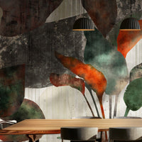 A high-resolution detail of the Tropical Echoes Foliage Wallpaper, highlighting the raw, distressed textures and painterly layering of the oversized leaves. The image showcases the dramatic contrast between the burnt orange and deep teal leaf tones against a weathered, concrete-effect background.