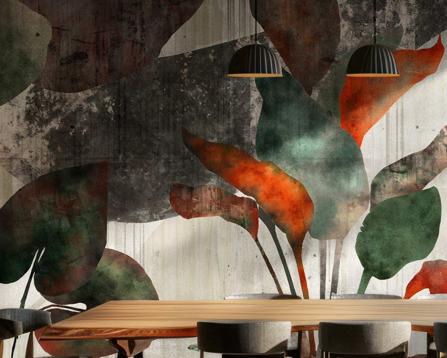 A high-resolution detail of the Tropical Echoes Foliage Wallpaper, highlighting the raw, distressed textures and painterly layering of the oversized leaves. The image showcases the dramatic contrast between the burnt orange and deep teal leaf tones against a weathered, concrete-effect background.