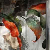 A high-resolution detail of the Tropical Echoes Foliage Wallpaper, highlighting the raw, distressed textures and painterly layering of the oversized leaves. The image showcases the dramatic contrast between the burnt orange and deep teal leaf tones against a weathered, concrete-effect background.