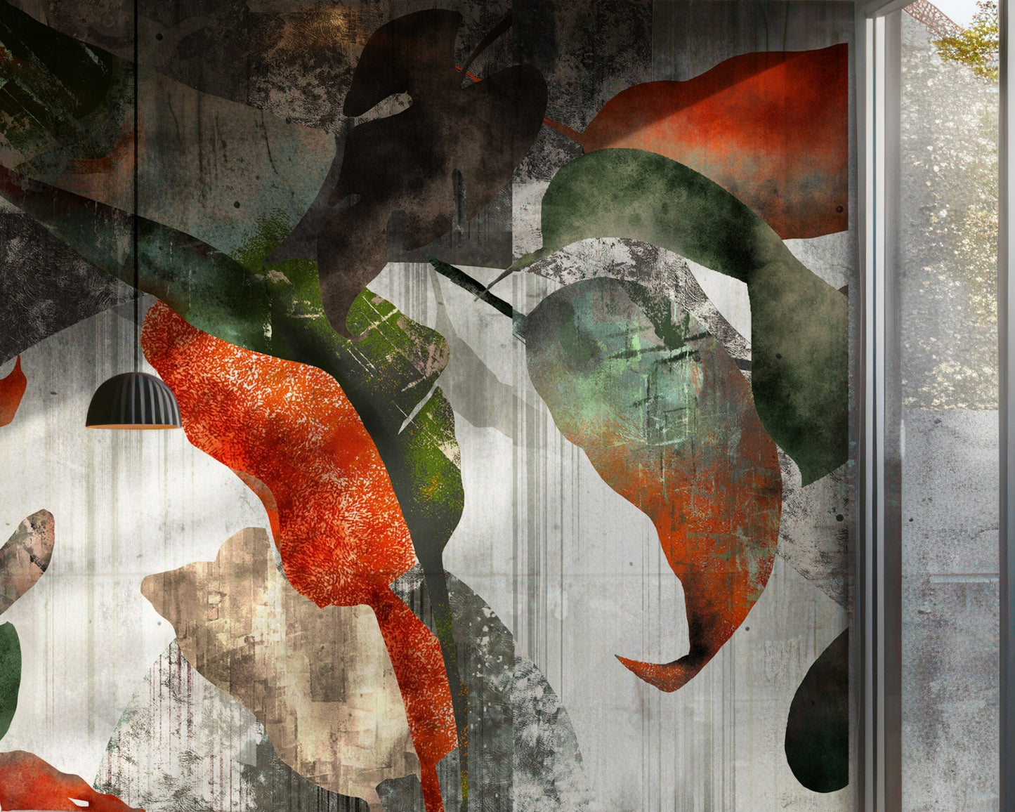 A high-resolution detail of the Tropical Echoes Foliage Wallpaper, highlighting the raw, distressed textures and painterly layering of the oversized leaves. The image showcases the dramatic contrast between the burnt orange and deep teal leaf tones against a weathered, concrete-effect background.