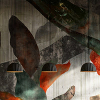 A high-resolution detail of the Tropical Echoes Foliage Wallpaper, highlighting the raw, distressed textures and painterly layering of the oversized leaves. The image showcases the dramatic contrast between the burnt orange and deep teal leaf tones against a weathered, concrete-effect background.