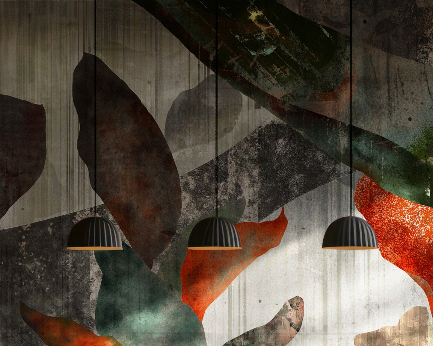 A high-resolution detail of the Tropical Echoes Foliage Wallpaper, highlighting the raw, distressed textures and painterly layering of the oversized leaves. The image showcases the dramatic contrast between the burnt orange and deep teal leaf tones against a weathered, concrete-effect background.
