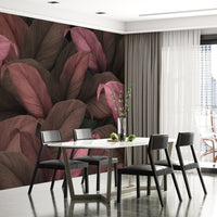 An architectural perspective of a contemporary dining room featuring the Tropical Forest Leaves Mural as a full-scale feature wall. The mural’s warm, dark tones provide a stunning contrast to a minimalist white marble table, black modern chairs, and expansive city-view windows, creating a cultured and balanced interior sanctuary.