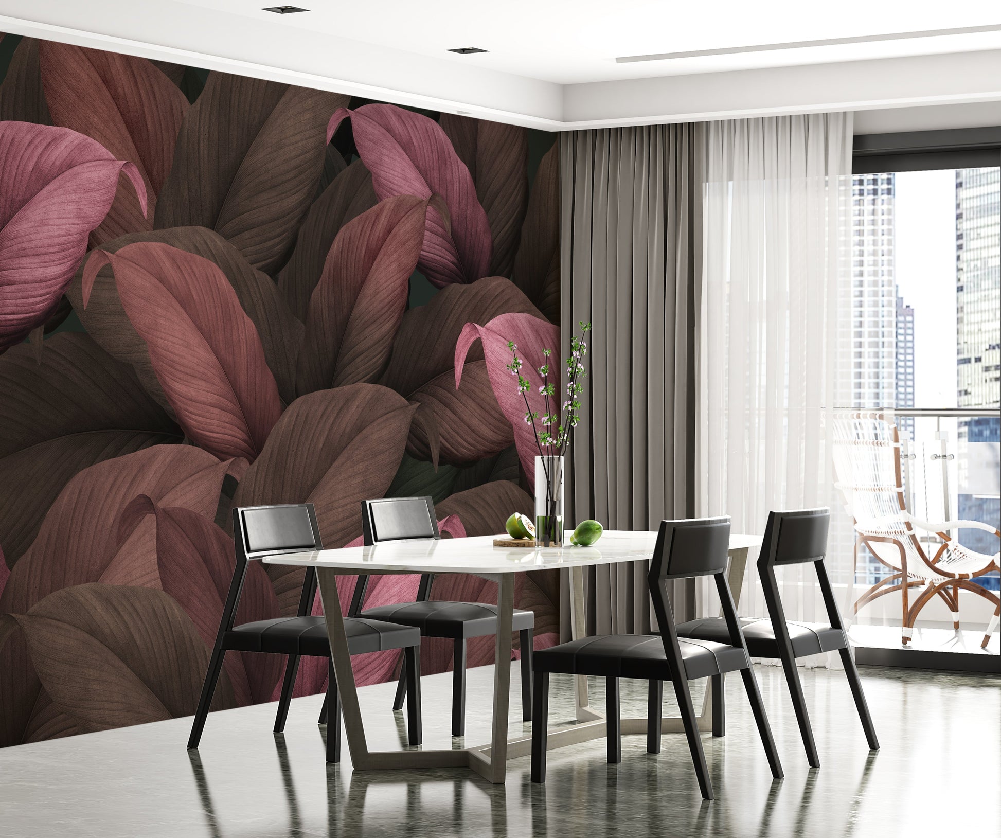 An architectural perspective of a contemporary dining room featuring the Tropical Forest Leaves Mural as a full-scale feature wall. The mural’s warm, dark tones provide a stunning contrast to a minimalist white marble table, black modern chairs, and expansive city-view windows, creating a cultured and balanced interior sanctuary.