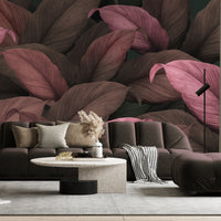 An architectural perspective of a contemporary dining room featuring the Tropical Forest Leaves Mural as a full-scale feature wall. The mural’s warm, dark tones provide a stunning contrast to a minimalist white marble table, black modern chairs, and expansive city-view windows, creating a cultured and balanced interior sanctuary.