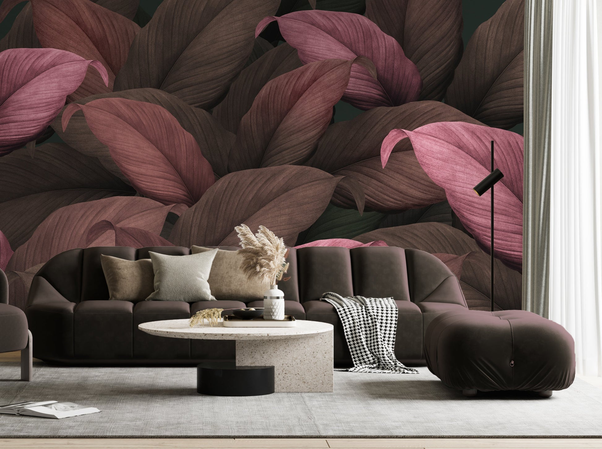An architectural perspective of a contemporary dining room featuring the Tropical Forest Leaves Mural as a full-scale feature wall. The mural’s warm, dark tones provide a stunning contrast to a minimalist white marble table, black modern chairs, and expansive city-view windows, creating a cultured and balanced interior sanctuary.