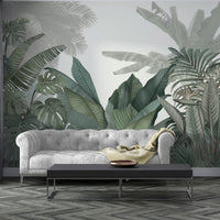 An architectural perspective of a contemporary living room featuring the Tropical Forest Mural in American Silver as a full-scale feature wall. The mural’s cool, neutral botanical composition pairs elegantly with modern chrome accents and white marble flooring, creating a peaceful and sophisticated interior sanctuary.
