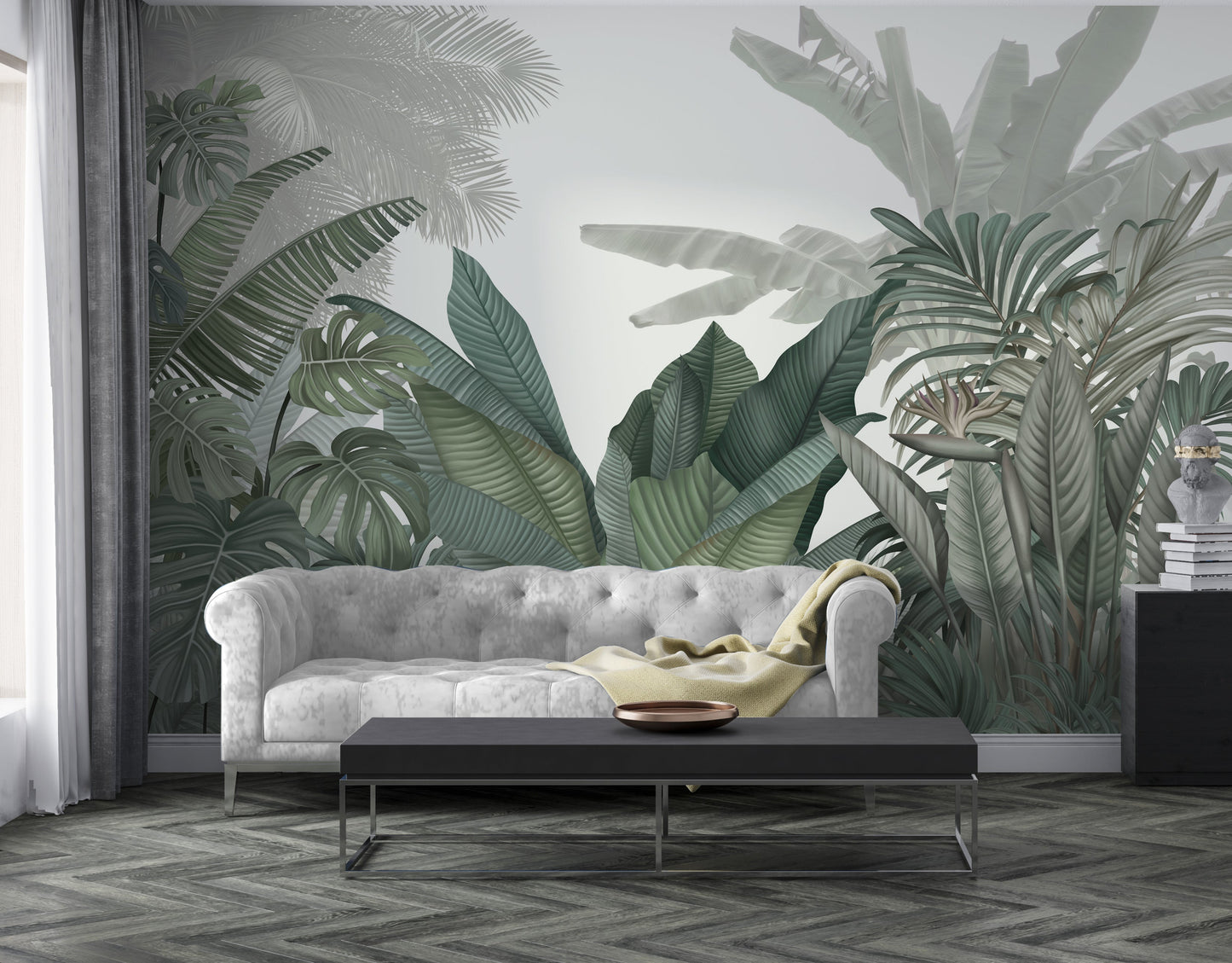 An architectural perspective of a contemporary living room featuring the Tropical Forest Mural in American Silver as a full-scale feature wall. The mural’s cool, neutral botanical composition pairs elegantly with modern chrome accents and white marble flooring, creating a peaceful and sophisticated interior sanctuary.