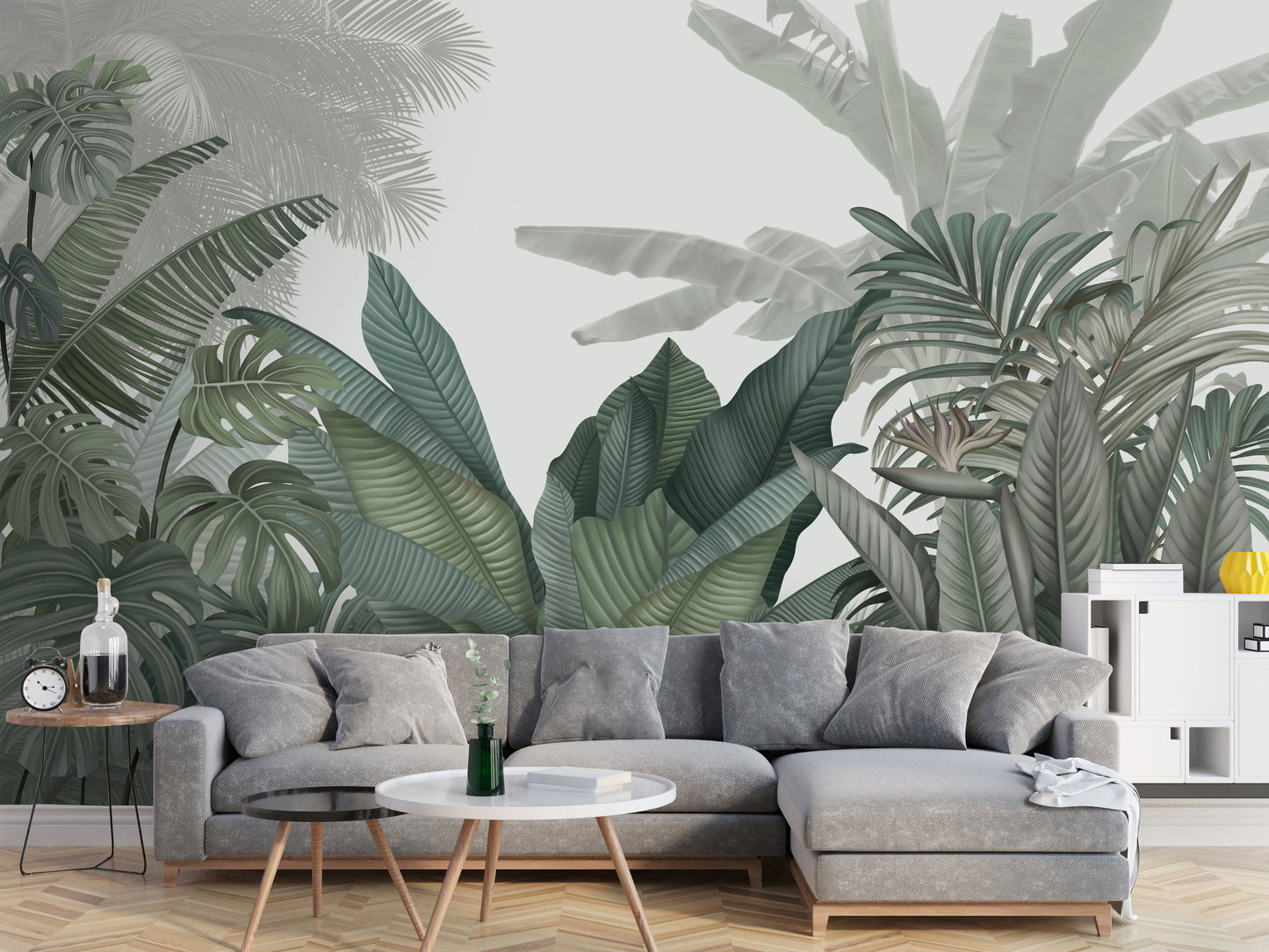 An architectural perspective of a contemporary living room featuring the Tropical Forest Mural in American Silver as a full-scale feature wall. The mural’s cool, neutral botanical composition pairs elegantly with modern chrome accents and white marble flooring, creating a peaceful and sophisticated interior sanctuary.