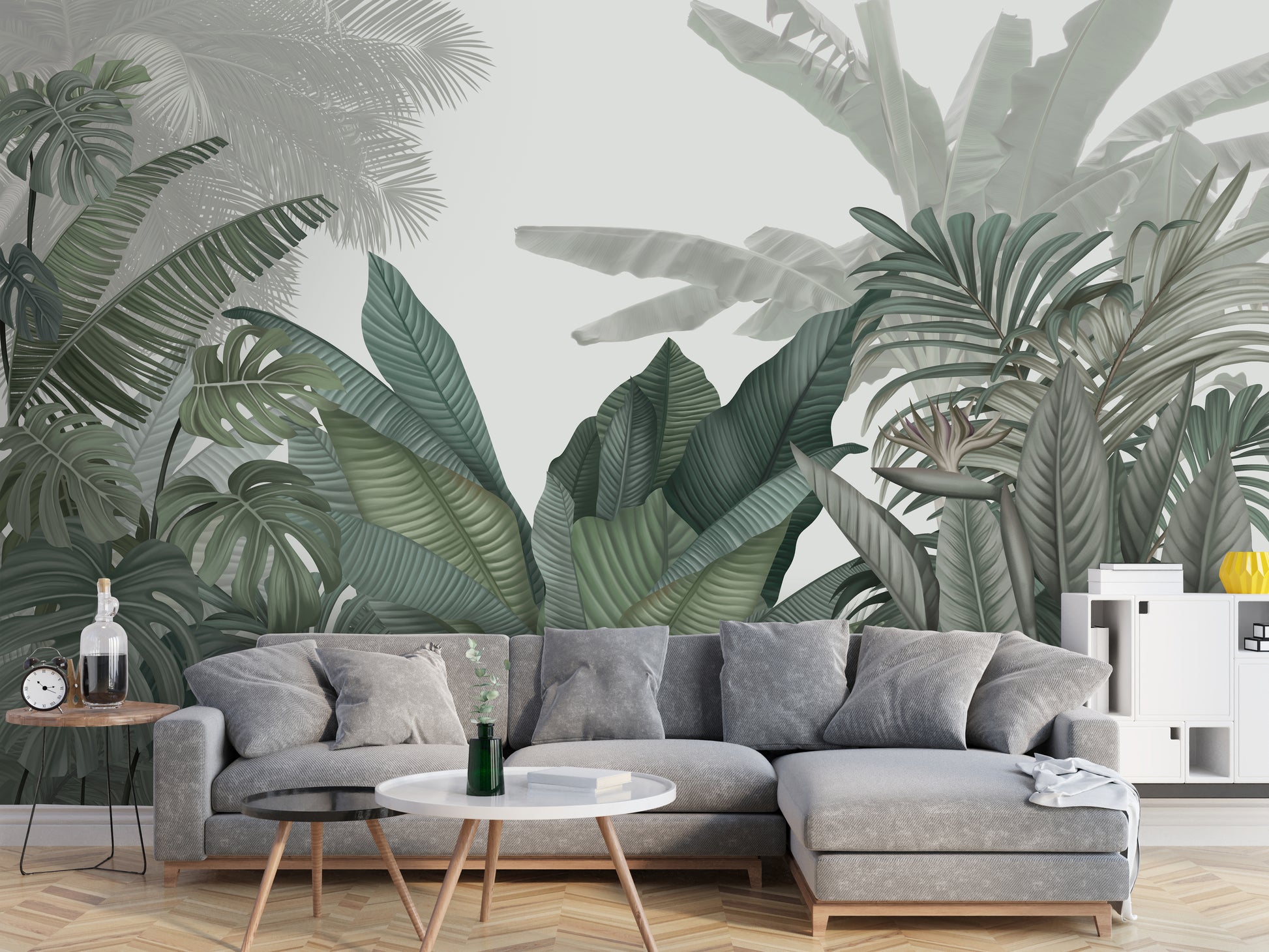An architectural perspective of a contemporary living room featuring the Tropical Forest Mural in American Silver as a full-scale feature wall. The mural’s cool, neutral botanical composition pairs elegantly with modern chrome accents and white marble flooring, creating a peaceful and sophisticated interior sanctuary.