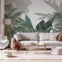 An architectural perspective of a contemporary living room featuring the Tropical Forest Mural in American Silver as a full-scale feature wall. The mural’s cool, neutral botanical composition pairs elegantly with modern chrome accents and white marble flooring, creating a peaceful and sophisticated interior sanctuary.