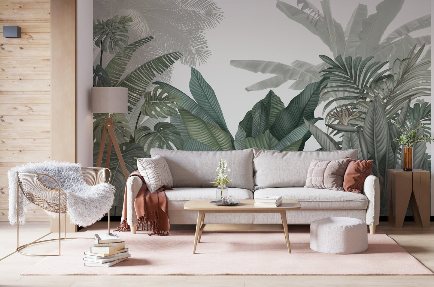An architectural perspective of a contemporary living room featuring the Tropical Forest Mural in American Silver as a full-scale feature wall. The mural’s cool, neutral botanical composition pairs elegantly with modern chrome accents and white marble flooring, creating a peaceful and sophisticated interior sanctuary.