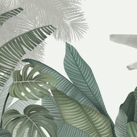 An architectural perspective of a contemporary living room featuring the Tropical Forest Mural in American Silver as a full-scale feature wall. The mural’s cool, neutral botanical composition pairs elegantly with modern chrome accents and white marble flooring, creating a peaceful and sophisticated interior sanctuary.