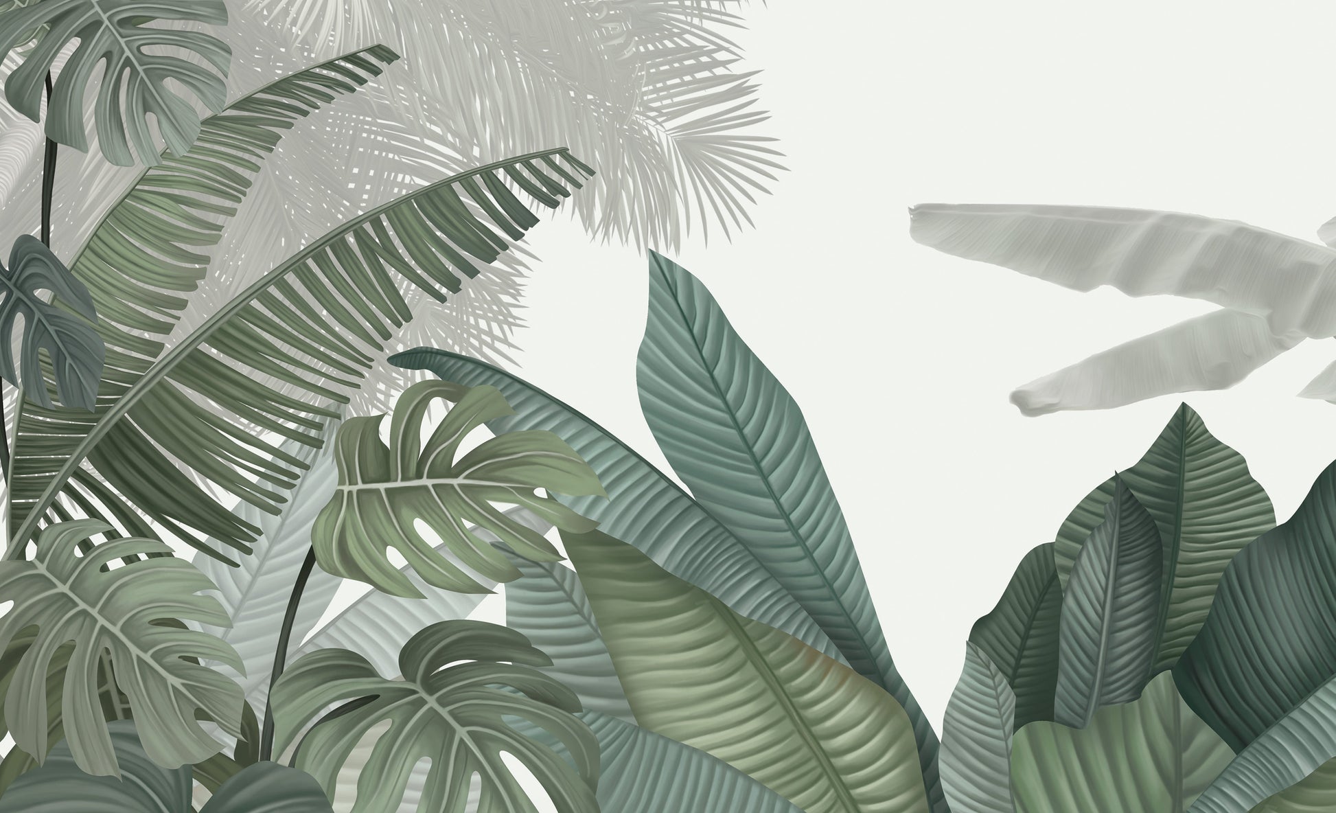 An architectural perspective of a contemporary living room featuring the Tropical Forest Mural in American Silver as a full-scale feature wall. The mural’s cool, neutral botanical composition pairs elegantly with modern chrome accents and white marble flooring, creating a peaceful and sophisticated interior sanctuary.