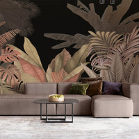 An architectural perspective of a modern executive lounge featuring the Tropical Forest Mural in Midnight Black as a full-scale feature wall. The mural’s moody botanical composition pairs elegantly with leather furniture and industrial lighting, creating a bold and sophisticated interior sanctuary.