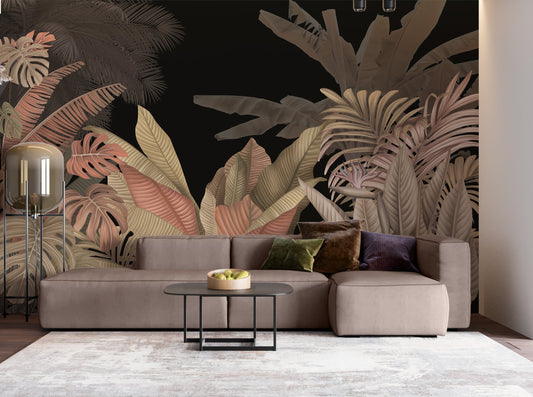 An architectural perspective of a modern executive lounge featuring the Tropical Forest Mural in Midnight Black as a full-scale feature wall. The mural’s moody botanical composition pairs elegantly with leather furniture and industrial lighting, creating a bold and sophisticated interior sanctuary.