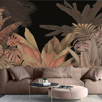 An architectural perspective of a modern executive lounge featuring the Tropical Forest Mural in Midnight Black as a full-scale feature wall. The mural’s moody botanical composition pairs elegantly with leather furniture and industrial lighting, creating a bold and sophisticated interior sanctuary.
