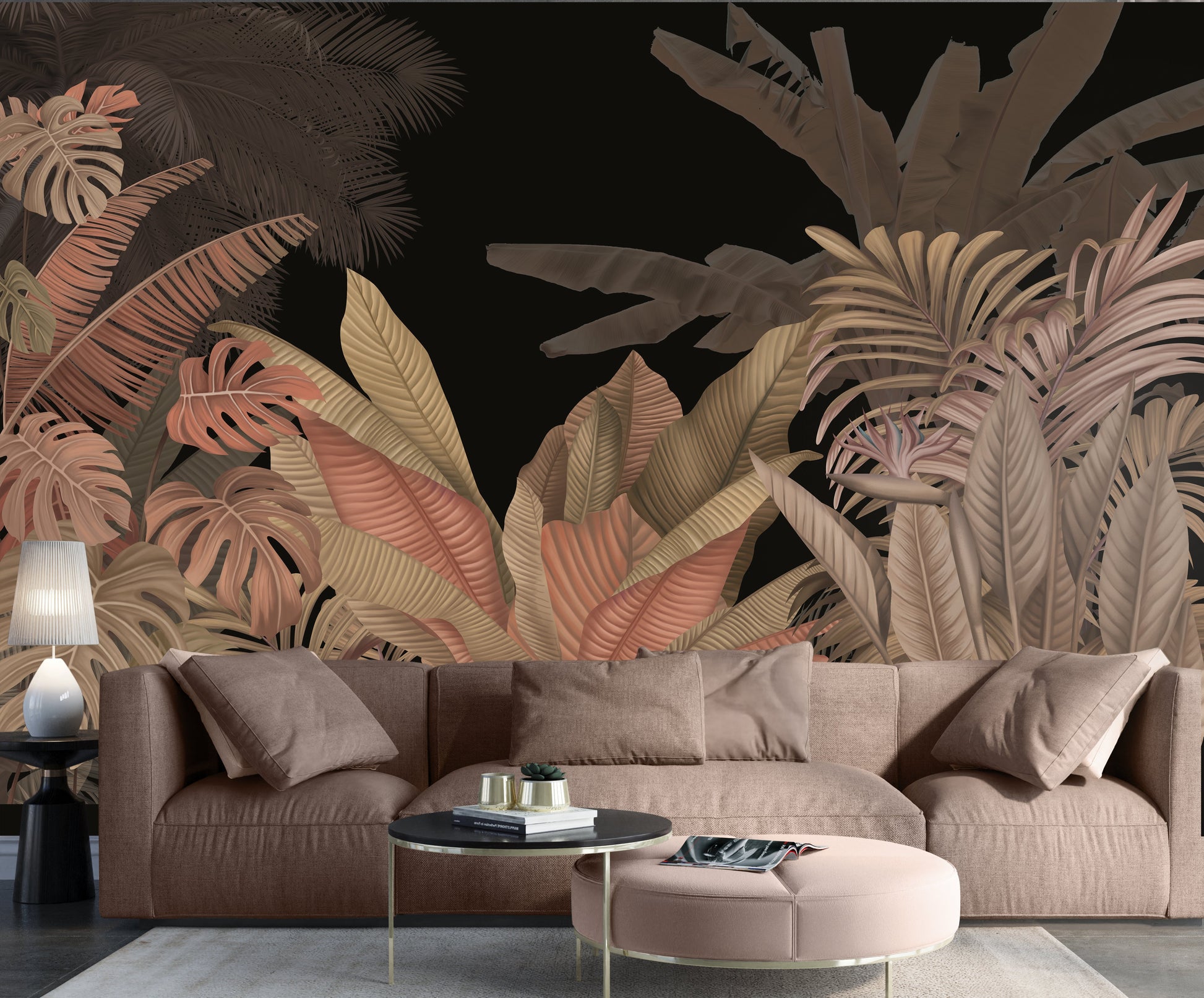 An architectural perspective of a modern executive lounge featuring the Tropical Forest Mural in Midnight Black as a full-scale feature wall. The mural’s moody botanical composition pairs elegantly with leather furniture and industrial lighting, creating a bold and sophisticated interior sanctuary.
