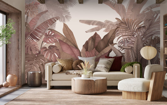 An architectural perspective of a contemporary living room featuring the Tropical Forest Mural in New York Pink as a full-scale feature wall. The mural’s warm botanical composition pairs elegantly with velvet furniture and brass accents, creating a chic and sophisticated interior sanctuary.