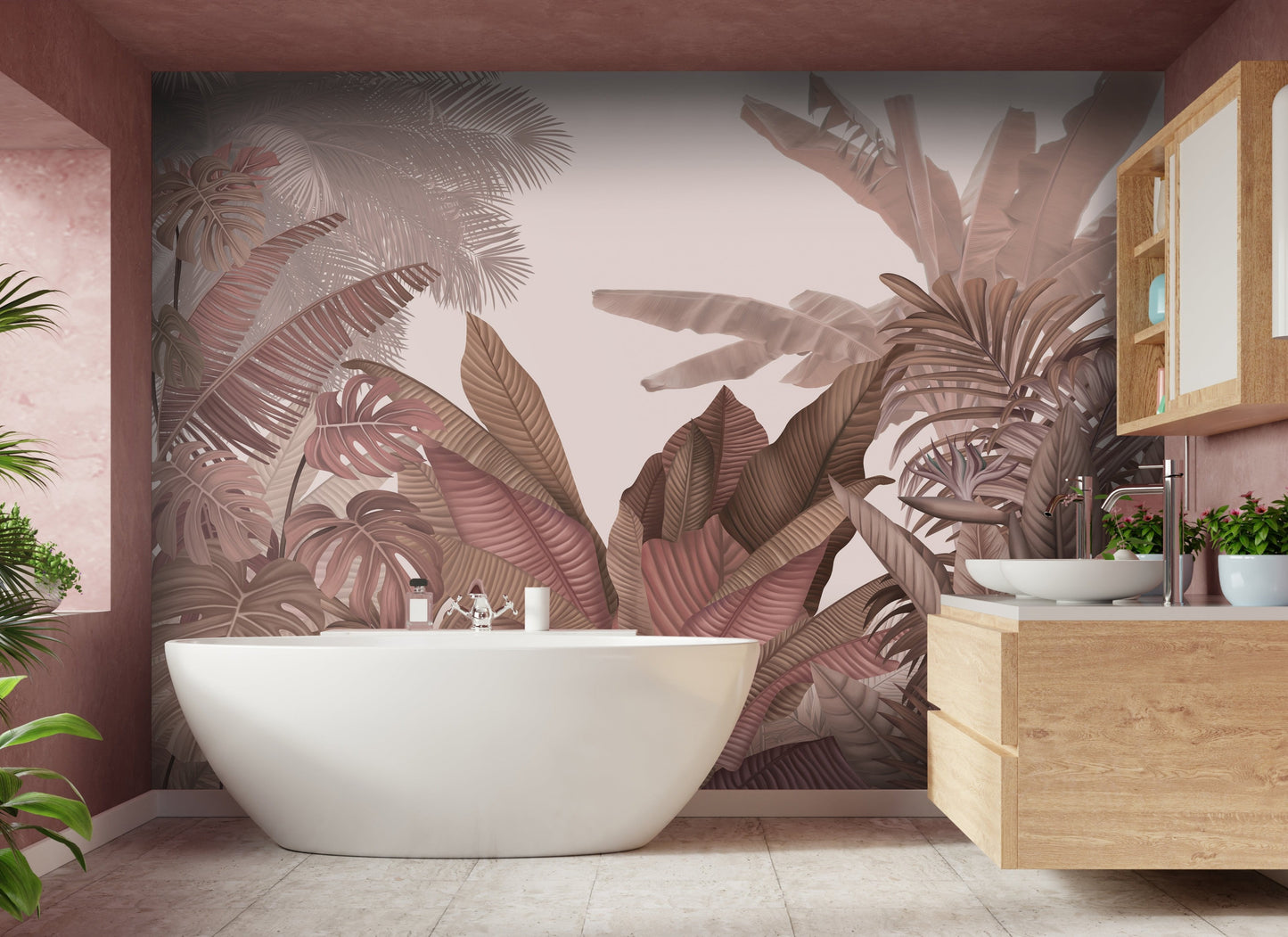An architectural perspective of a contemporary living room featuring the Tropical Forest Mural in New York Pink as a full-scale feature wall. The mural’s warm botanical composition pairs elegantly with velvet furniture and brass accents, creating a chic and sophisticated interior sanctuary.