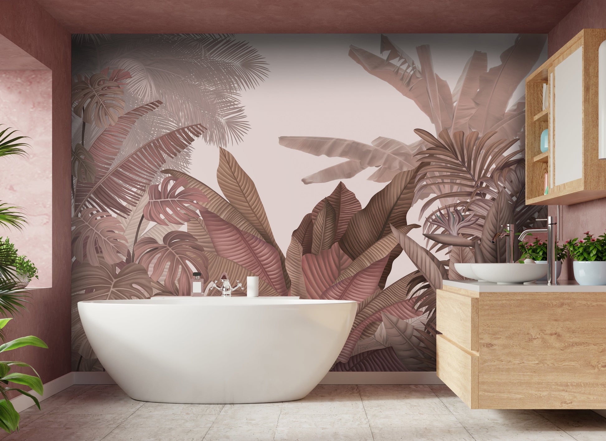 An architectural perspective of a contemporary living room featuring the Tropical Forest Mural in New York Pink as a full-scale feature wall. The mural’s warm botanical composition pairs elegantly with velvet furniture and brass accents, creating a chic and sophisticated interior sanctuary.