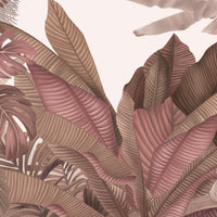 An architectural perspective of a contemporary living room featuring the Tropical Forest Mural in New York Pink as a full-scale feature wall. The mural’s warm botanical composition pairs elegantly with velvet furniture and brass accents, creating a chic and sophisticated interior sanctuary.
