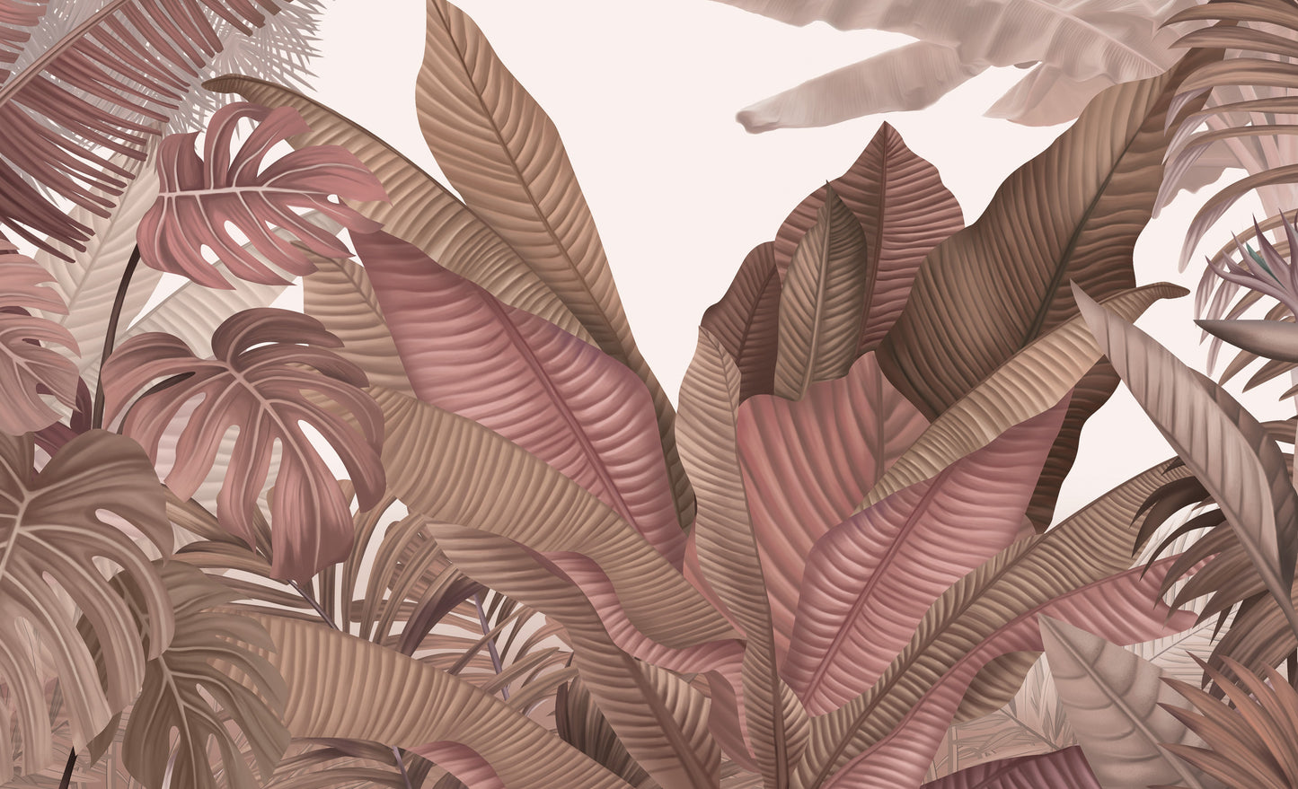An architectural perspective of a contemporary living room featuring the Tropical Forest Mural in New York Pink as a full-scale feature wall. The mural’s warm botanical composition pairs elegantly with velvet furniture and brass accents, creating a chic and sophisticated interior sanctuary.