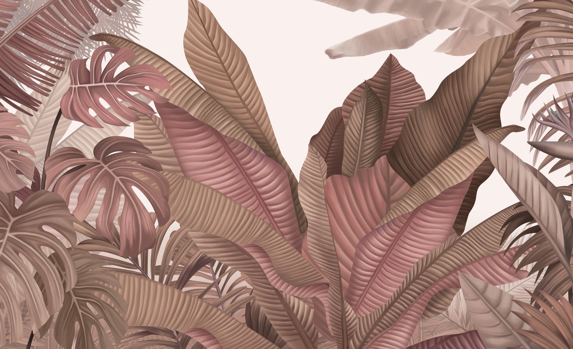 An architectural perspective of a contemporary living room featuring the Tropical Forest Mural in New York Pink as a full-scale feature wall. The mural’s warm botanical composition pairs elegantly with velvet furniture and brass accents, creating a chic and sophisticated interior sanctuary.