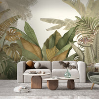An architectural perspective of a contemporary living room featuring the Tropical Forest Mural as a full-scale feature wall. The mural’s neutral botanical composition pairs elegantly with minimalist furniture and textured rugs, creating a peaceful and sophisticated interior sanctuary.
