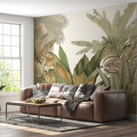An architectural perspective of a contemporary living room featuring the Tropical Forest Mural as a full-scale feature wall. The mural’s neutral botanical composition pairs elegantly with minimalist furniture and textured rugs, creating a peaceful and sophisticated interior sanctuary.