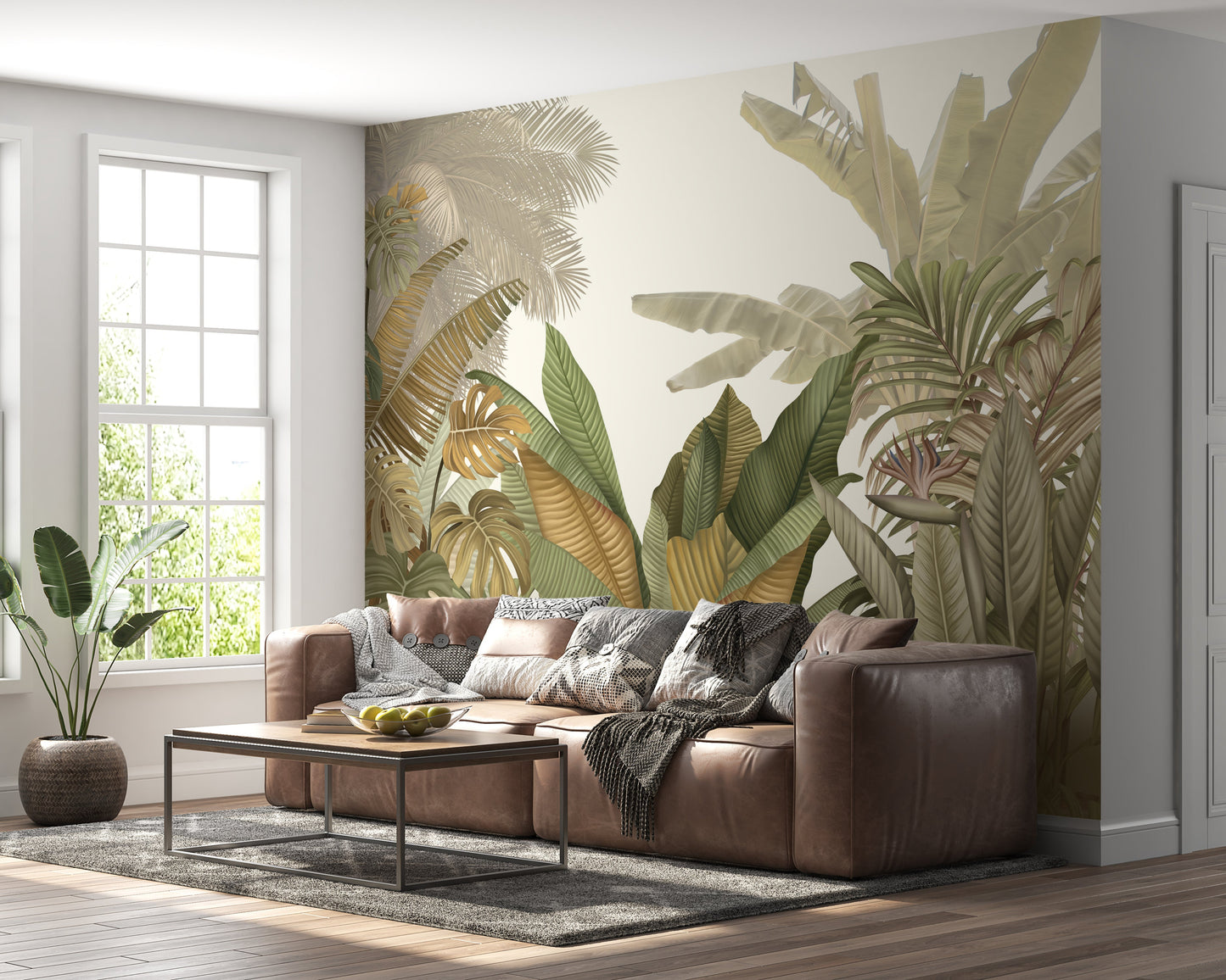 An architectural perspective of a contemporary living room featuring the Tropical Forest Mural as a full-scale feature wall. The mural’s neutral botanical composition pairs elegantly with minimalist furniture and textured rugs, creating a peaceful and sophisticated interior sanctuary.