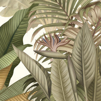 An architectural perspective of a contemporary living room featuring the Tropical Forest Mural as a full-scale feature wall. The mural’s neutral botanical composition pairs elegantly with minimalist furniture and textured rugs, creating a peaceful and sophisticated interior sanctuary.