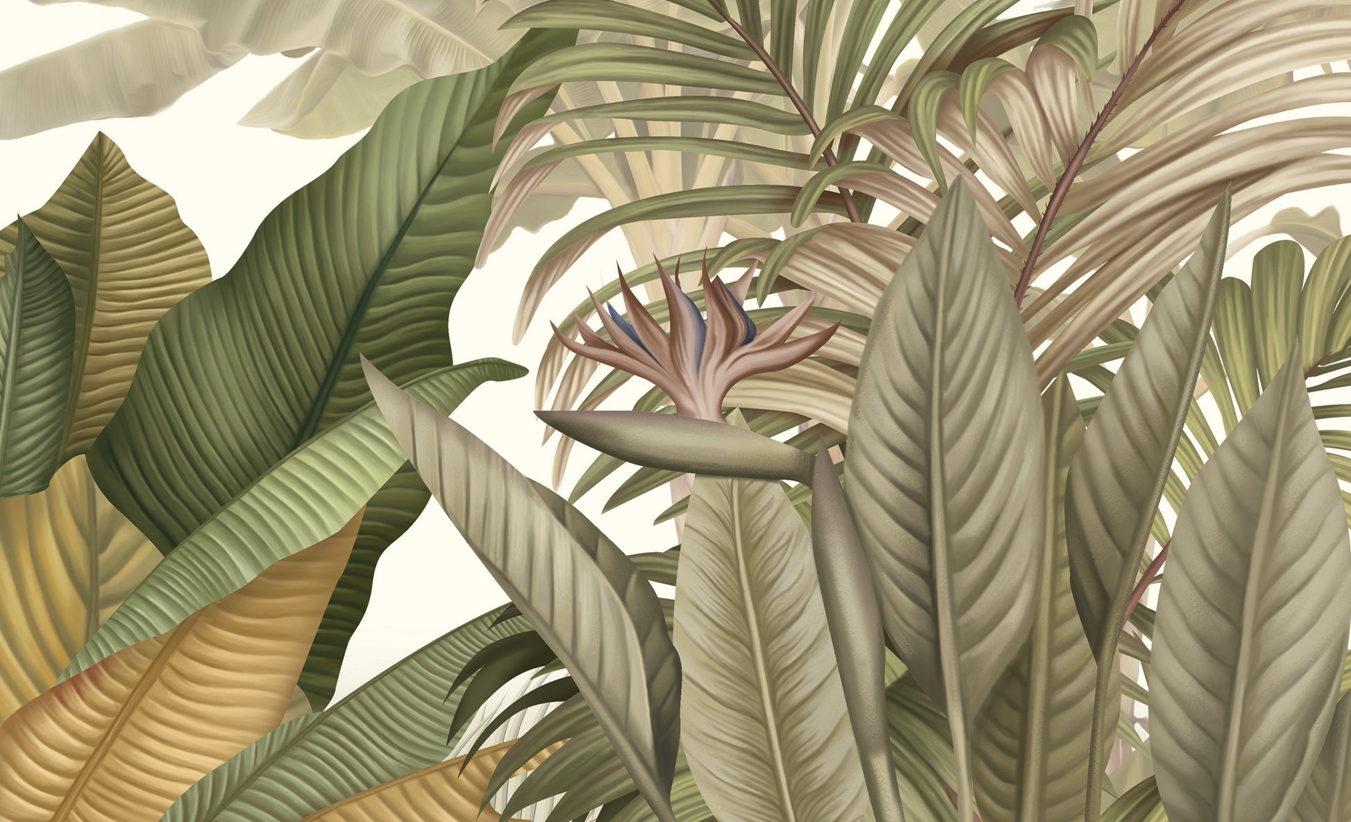An architectural perspective of a contemporary living room featuring the Tropical Forest Mural as a full-scale feature wall. The mural’s neutral botanical composition pairs elegantly with minimalist furniture and textured rugs, creating a peaceful and sophisticated interior sanctuary.