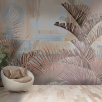 An architectural perspective of a bright, modern dining area featuring the Tropical Fusion Mural in Pastel Peach as a full-scale feature wall. The mural’s warm, vibrant tones complement minimalist white furniture and natural wood flooring, transforming the space into a contemporary tropical oasis.