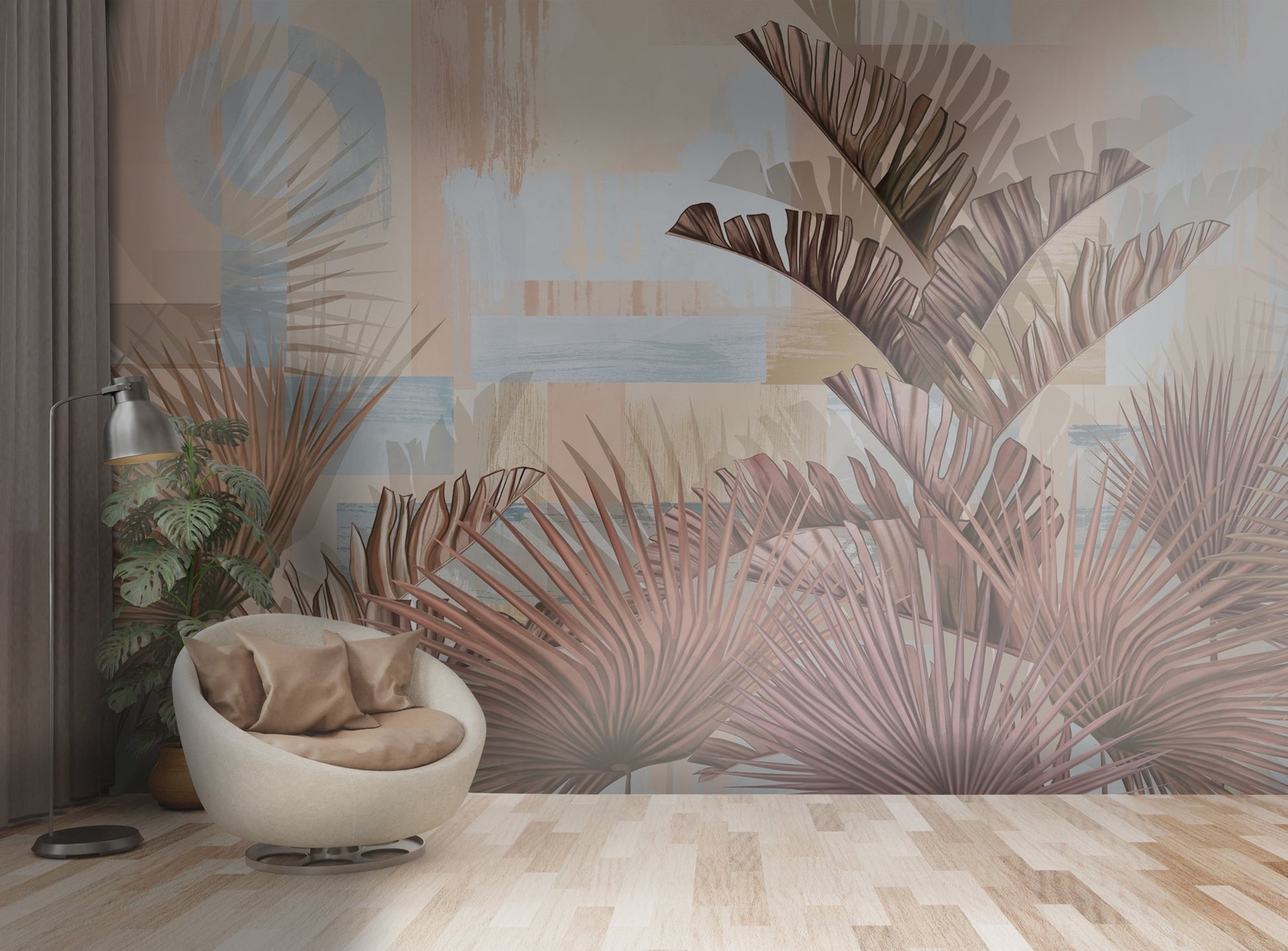 An architectural perspective of a bright, modern dining area featuring the Tropical Fusion Mural in Pastel Peach as a full-scale feature wall. The mural’s warm, vibrant tones complement minimalist white furniture and natural wood flooring, transforming the space into a contemporary tropical oasis.