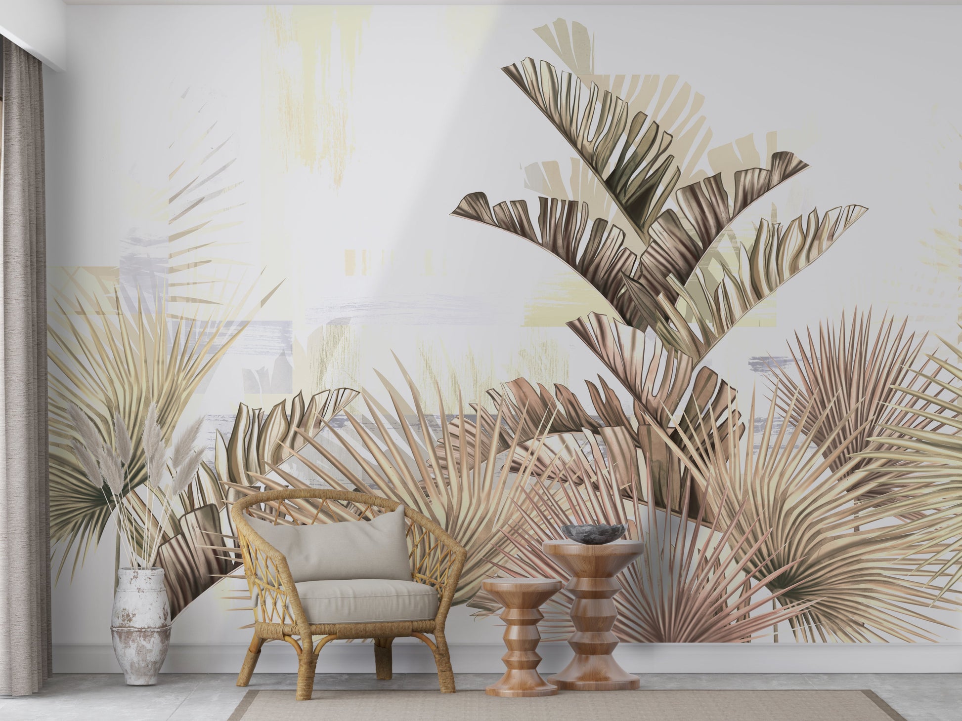 An architectural perspective of a bright, modern dining area featuring the Tropical Fusion Mural in Parchment White as a full-scale feature wall. The mural’s neutral, sophisticated tones complement minimalist black metal furniture and natural stone flooring, transforming the space into a contemporary tropical oasis.