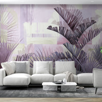 An architectural perspective of a bright, modern creative studio featuring the Tropical Fusion Mural in Pastel Lilac as a full-scale feature wall. The mural’s ethereal purple tones complement minimalist white furniture and natural light, transforming the space into a contemporary tropical oasis.
